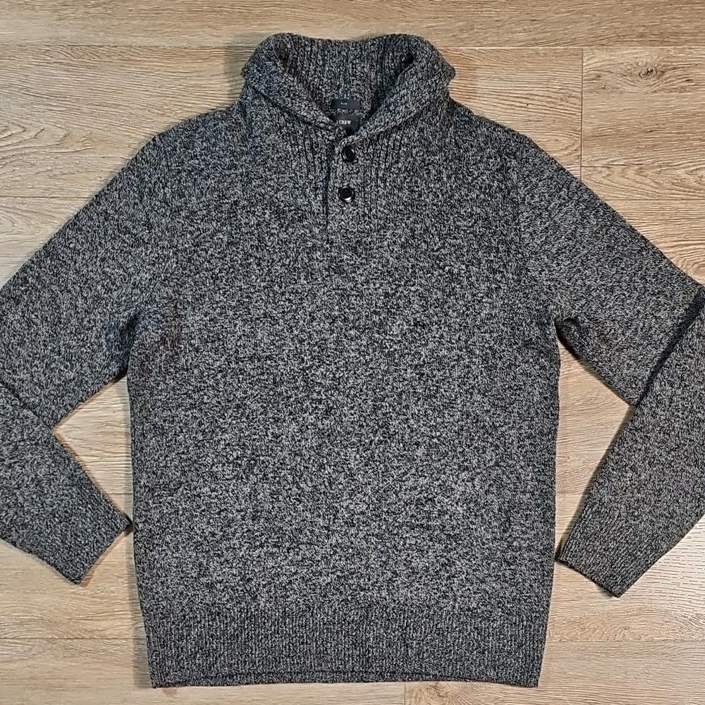 J. Crew 100% Lamb's Wool Charcoal Marled Knit Shawl Collar Slim Fit Sweater